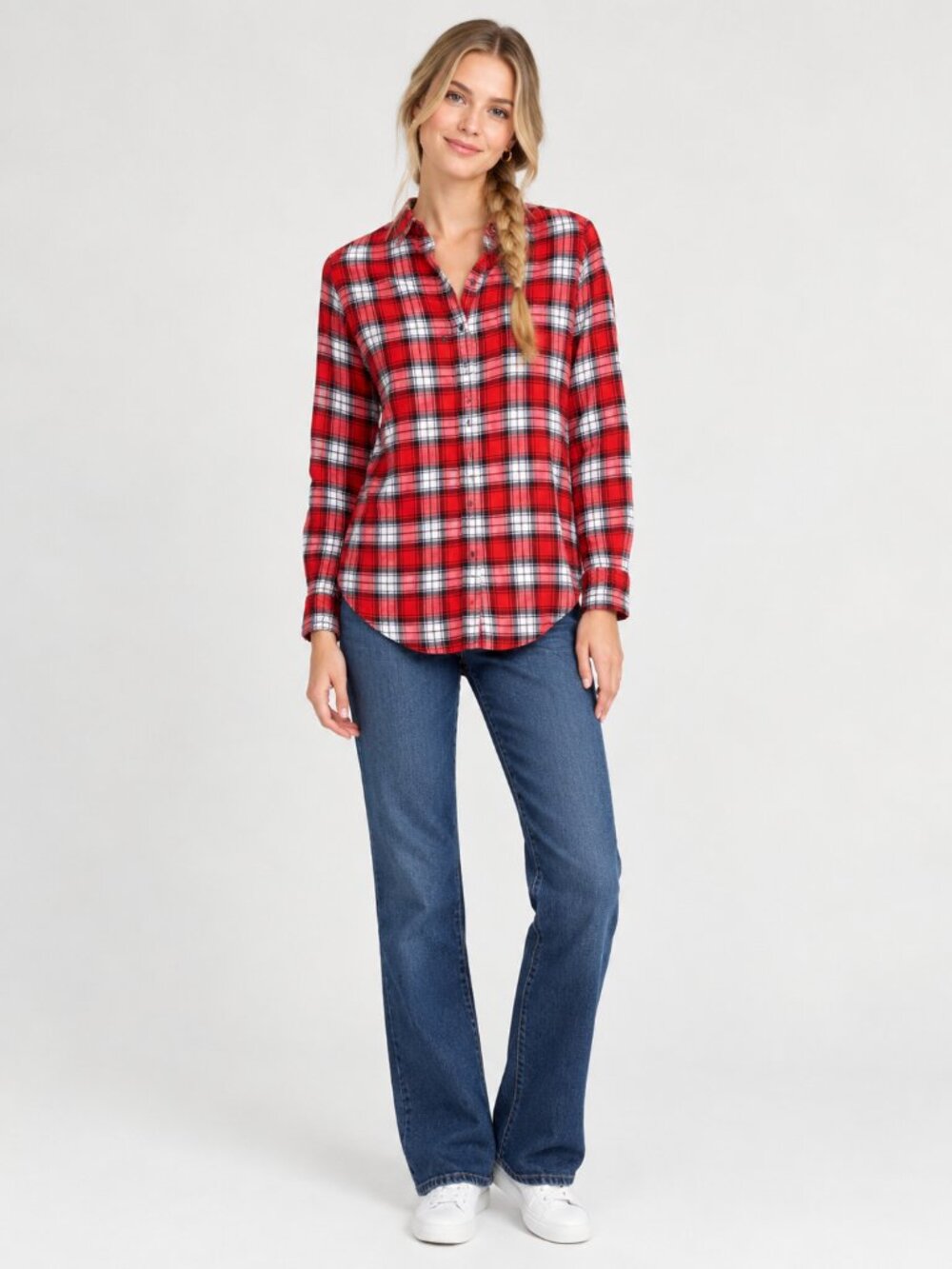 Lands' End Plaid Flannel Shirttail Button-Down Shirt Red White 14 #A4458